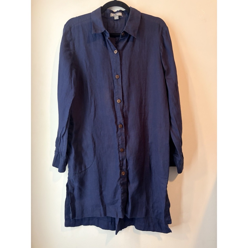 Go‎ Silk Petites 100% Linen Button Front Tunic Shirt Dress Navy PL Pockets